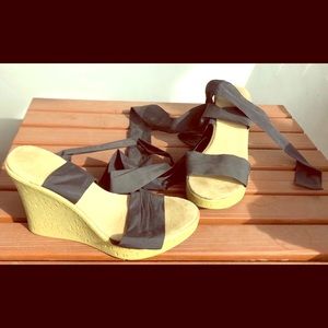 Tan Wedge Sandals with Black Ribbon Lace Up Ties